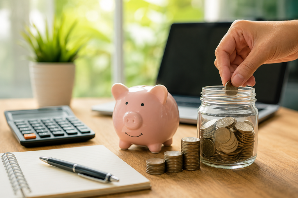 Cofrinho, moedas e calculadora representam decisões financeiras sobre poupar, investir ou quitar dívidas.